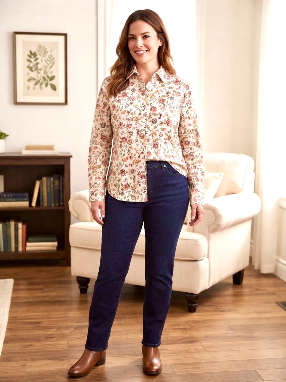 Lands' End No Iron Pinpoint Oxford Floral Button Down in White & Red Size L / XL